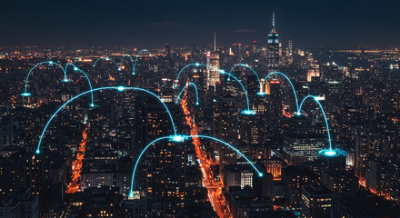 Abstract representation of a connected city network at night, with glowing lines linking various points across the urban landscape.