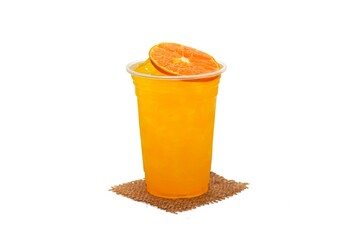 Orange juice put on white background, orange juice slices topping.