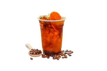 Beverage menu Americano oranges juice served with orange juice slices topping on white background in isolated concept.