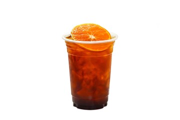 Pictures of beverages Americano ice coffee orange juice served by orange juice slices on white background and isolate photo style.