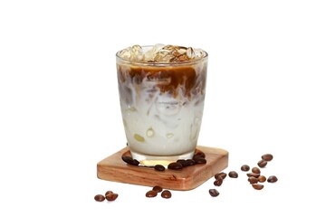 Ice latte coffee served on wooden plates and coffee beans spread, isolate photo.