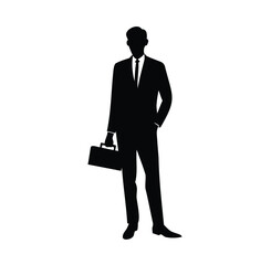 Vector Silhouette of Business  Man Holding Briefcase on White Background. 
