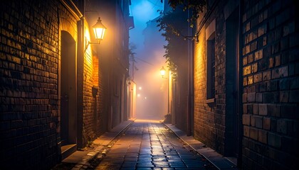 Foggy Night Alley with Old Town.
