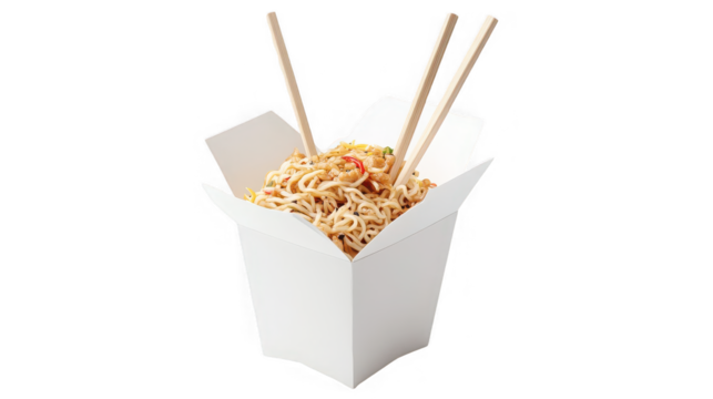 Noodles with chopsticks in a takeout container, Asian cuisine on transparent background