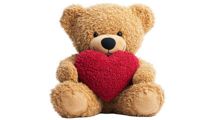 Plush teddy bear holding a red heart, symbol of love and affection on transparent background