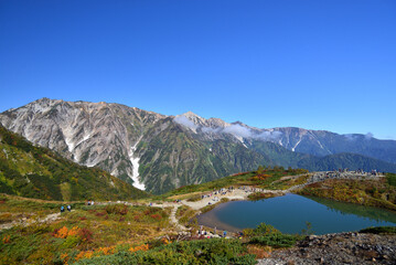 八方池と水鏡に映る白馬連峰　秋