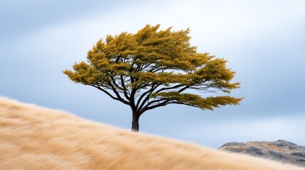 A solitary tree with bright yellow leaves stands against a moody sky.