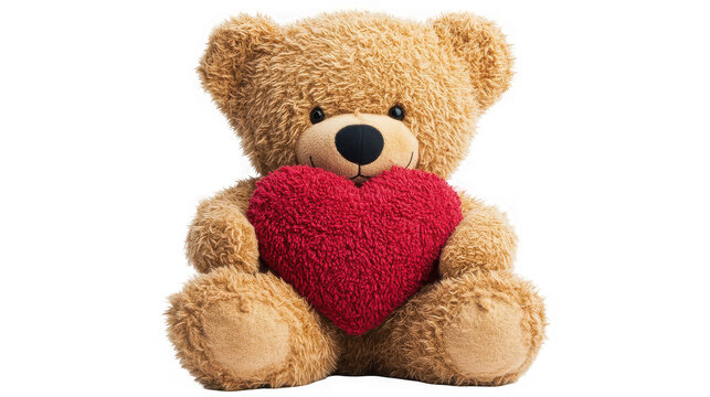 Plush teddy bear holding a red heart, symbol of love and affection on transparent background
