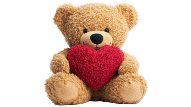 Plush teddy bear holding a red heart, symbol of love and affection on transparent background