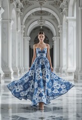 Fototapeta premium A graceful model in a stunning blue and white dress poses elegantly in a grand, ornate hall with marble floors and intricate architecture.