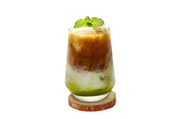 Ice matcha latte and coffee latte served with coconut milk sliced topping.isolation and white background concept.
