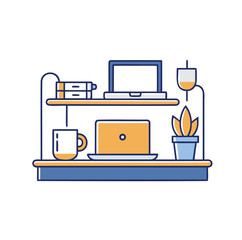 Minimalist Office Workspace Outline Vector – Desk, Laptop on White Background.