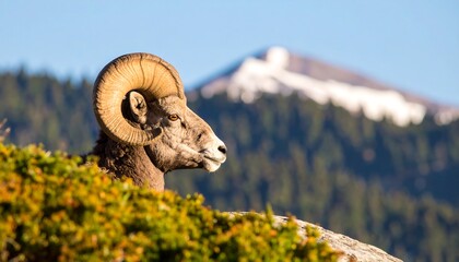 Rocky mountain bighorn sheep in profile.