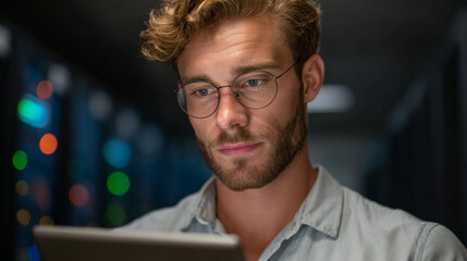 Tech Expert Inspecting Device: A focused tech specialist, clad in professional attire, examines the latest digital device in a data center, bathed in the gentle glow of advanced technology.