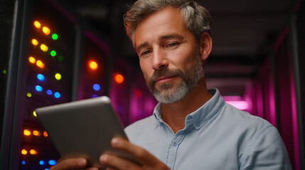 Data Center Professional in Action: A seasoned data center professional attentively monitors his digital tablet amidst the hum of servers in a high-tech environment, a symbol of modern industry