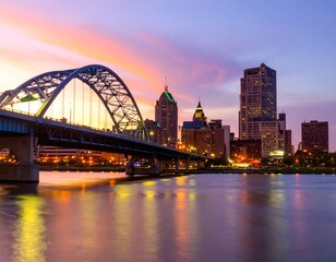 Obraz premium City skyline at twilight with a bridge over a river.