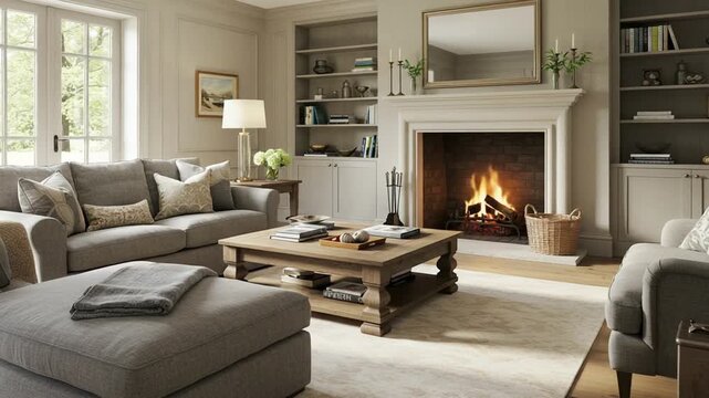 Cozy living room with fireplace and natural light