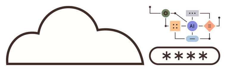 Fototapeta premium Cloud outline with AI-based logic flowchart and password box. Ideal for cloud security, authentication, AI-driven technology, encryption, cybersecurity, machine learning, abstract tech concepts