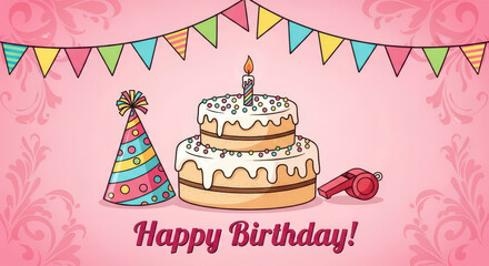 Celebratory Birthday Cake with Decorations and Party Hat