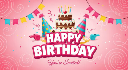 Happy Birthday Celebration Invitation with Festive Decorations