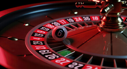 Close up of a roulette wheel with the ball resting on number six