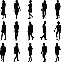 Silhouette people walking standing, man woman casual pose, urban lifestyle vector, city life design, business casual illustration, modern black outline collection