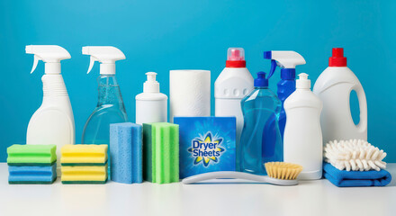 Collection of Home Cleaning Products and Supplies for Household Chores