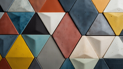 Close up of colorful triangular tiles arranged in a geometric pattern and design element texture