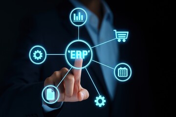 Obraz premium Hand touching an erp system interface.