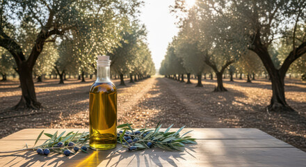 Golden Olive Oil Bottle Amidst Sunlit Olive Grove Trees
