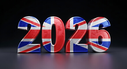 The year 2026 represented by bold 3D numbers featuring the Union Jack flag of the United Kingdom.