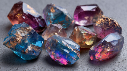 Arrangement of colorful and iridescent crystals on a gray surface with a shiny appearance