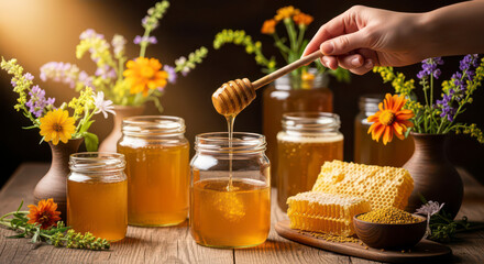 Golden Sweetness Flowing Honey and Wildflowers in Jars