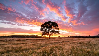 A lone tree stands in a golden field at sunset.