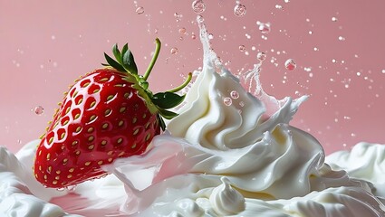 Fresh strawberry and cream indulgence. A single juicy berry drops into soft whipped dessert creating a perfect milky splash.