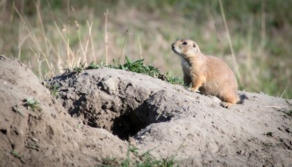 Prairie dog perched atop its burrow.