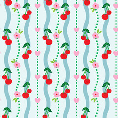 Playful cherry seamless pattern with ribbons and pastel tones. Cute decorative background for fabric, wallpaper, wrapping, stationery, and interior decor projects.