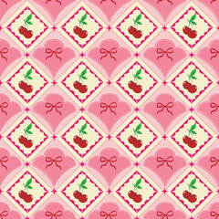 Seamless cherry pattern with pastel background. Cute fruit design for decor, fabric, wallpaper, stationery, and wrapping paper. Perfect for cheerful decorative projects