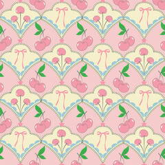 Seamless cherry pattern with pastel background. Cute fruit design for decor, fabric, wallpaper, stationery, and wrapping paper. Perfect for cheerful decorative projects