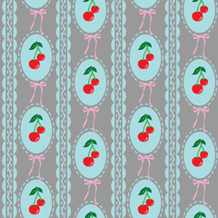 Retro cherry seamless pattern with wavy lines and vintage tones. Decorative design for wallpaper, textile, home decor, wrapping, and stylish surface prints.