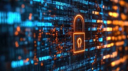 Glowing padlock on a digital background representing data security and cyber protection concept image
