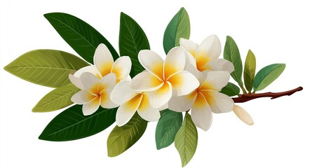 White and yellow frangipani flowers with green leaves, vector illustration on a white background, Generative AI.