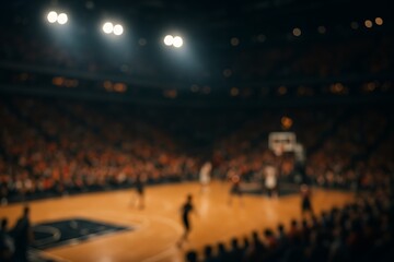 Abstract view of a basketball game showing players and a crowd in a blurred arena setting.