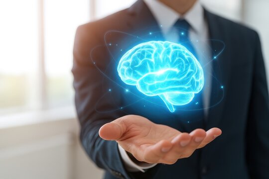 Holographic brain displayed in an open hand.