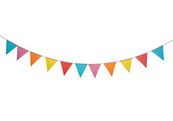 Obraz premium A vibrant string of triangular bunting flags in various colors is displayed against a clean transparent background, PNG format.