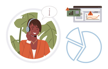 Smiling agent with headset assisting users, pie chart, and analytics error screens. Ideal for support, analytics, customer service, problem-solving, consultation communication education. Simple