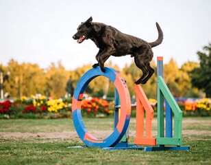 Dog performing agility course in park