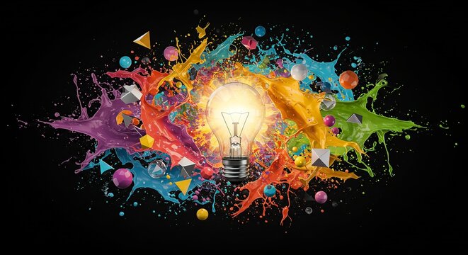 Explosi&oacute;n de creatividad: ampolleta encendida con salpicaduras de pintura y formas 3D flotantes sobre fondo oscuro, idea e innovaci&oacute;n con espacio para texto