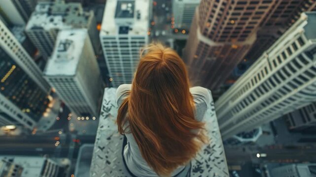 A woman sitting on a building ledge overlooking the city at night.