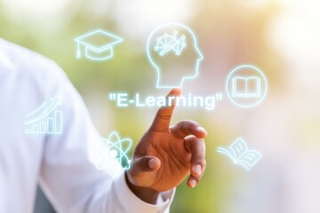 Hand interacting with a holographic display showing e-learning concepts.